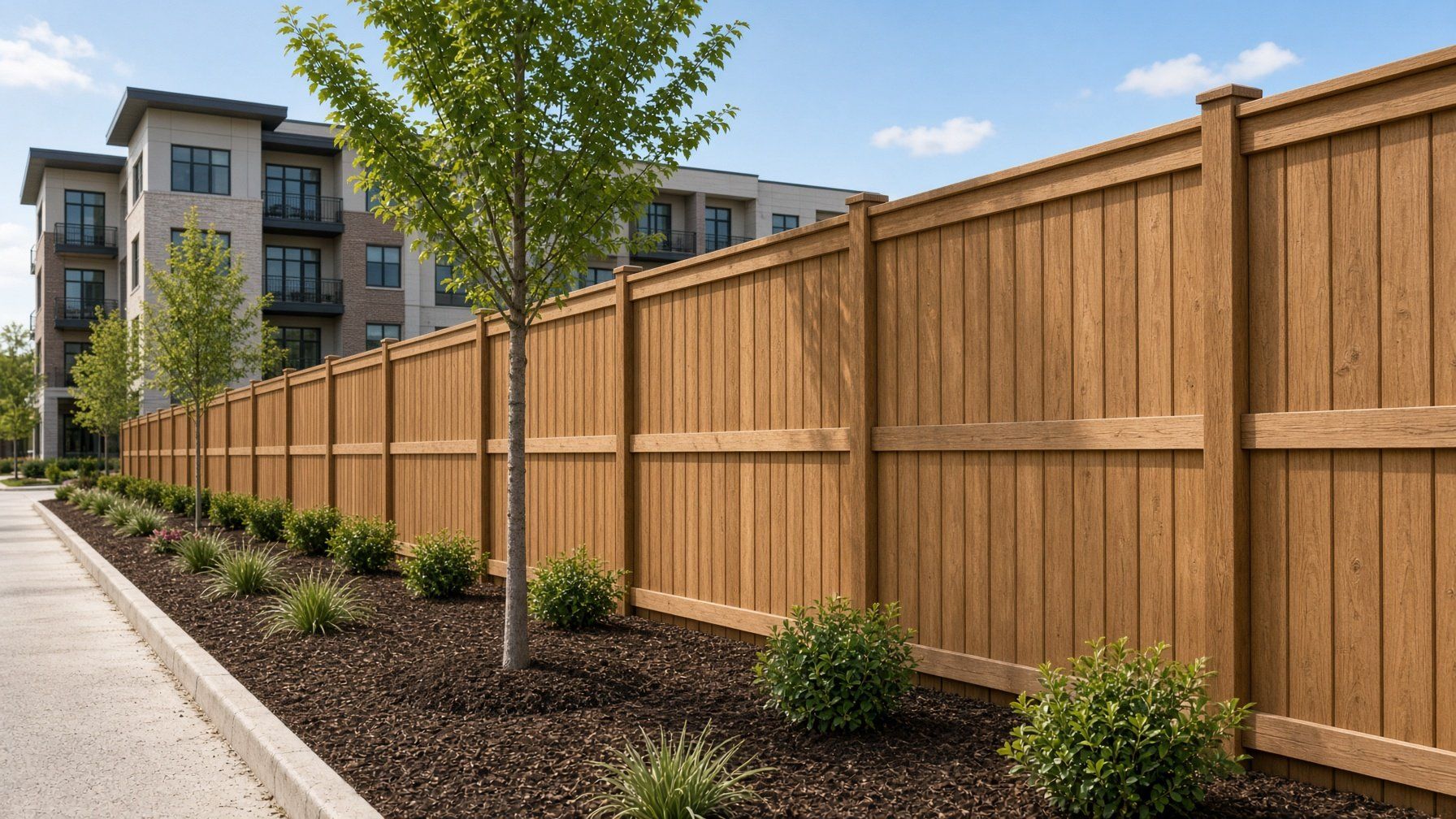 A long commercial cedar fence stained beside a modern building